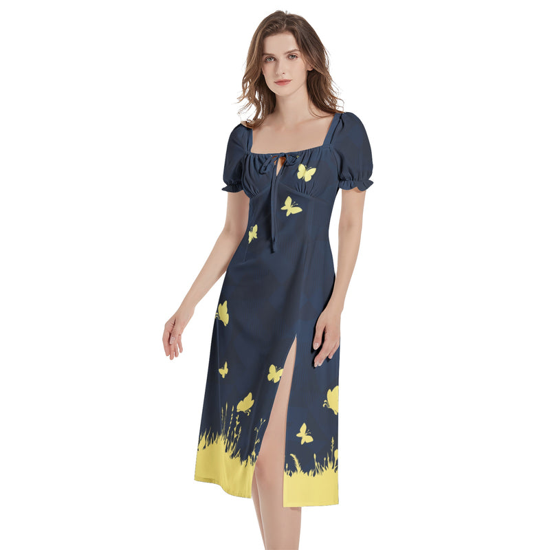 Puff Sleeve Split Thigh Midi Dress - Objet D'Art