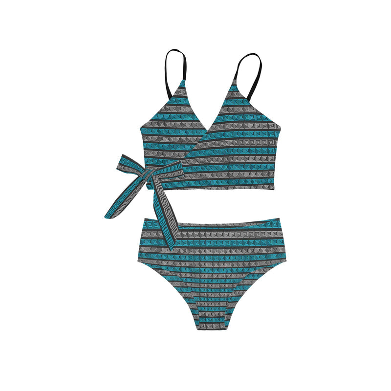blue gray greek key print Knot Side Bikini Swimsuit (Model S37) - Objet D'Art