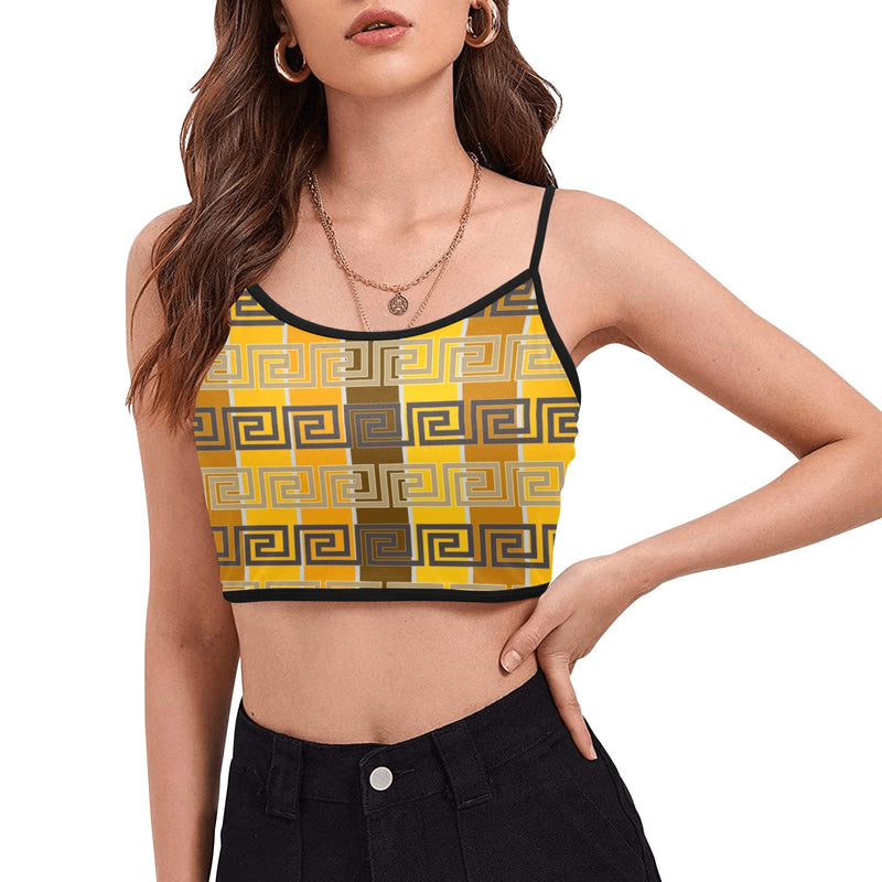 bronze striped greek key print Women's Spaghetti Strap Crop Top (Model T67) - Objet D'Art
