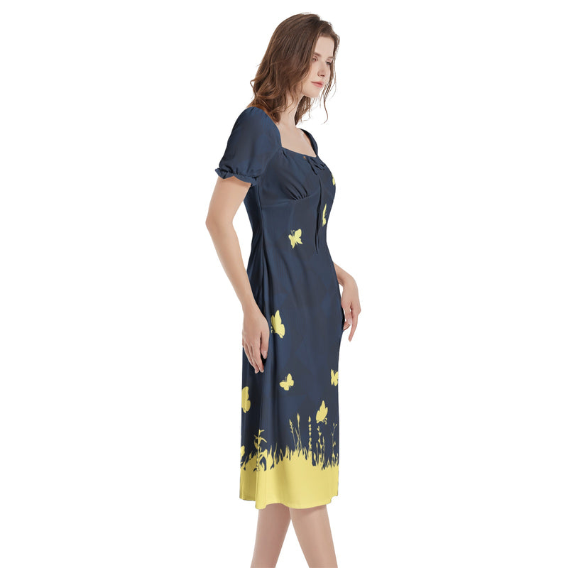 Puff Sleeve Split Thigh Midi Dress - Objet D'Art