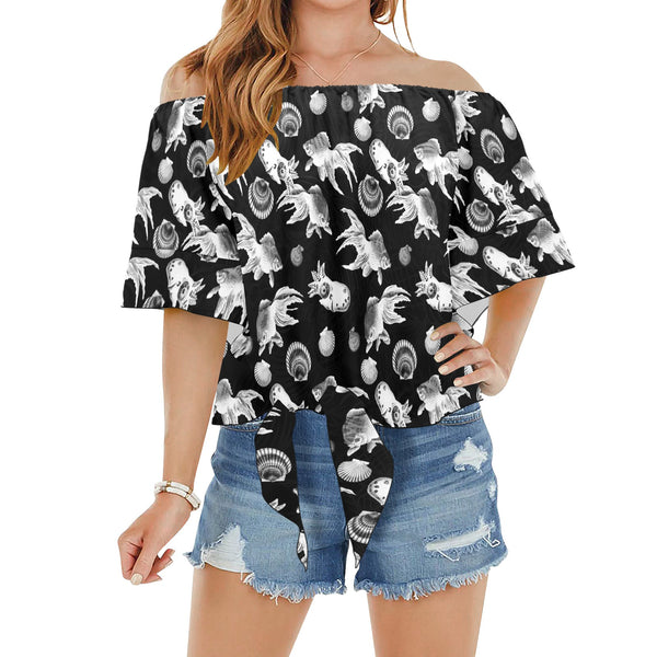 aquatic life bw print Off Shoulder Knot Front Blouse (Model T71) - Objet D'Art