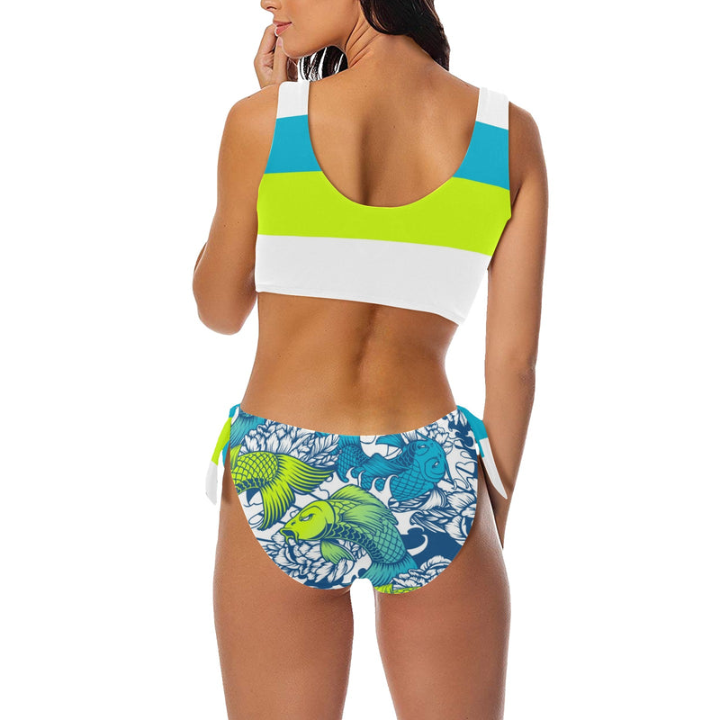 pisces neon green blue green print 2 Bow Tie Front Bikini Swimsuit (Model S38) - Objet D'Art