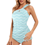 greek key chevron light blue print 2 Women's One Shoulder Backless Swimsuit (Model S44) - Objet D'Art