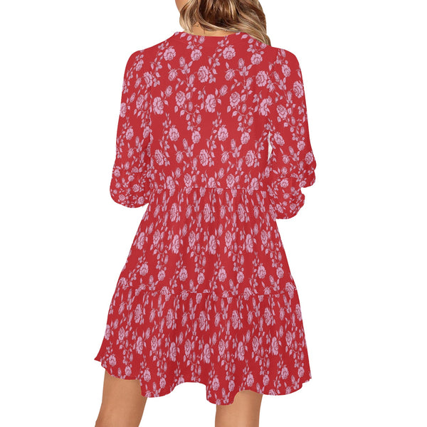 pink and red rose print 2 V-Neck Loose Fit Dress (Model D62) - Objet D'Art