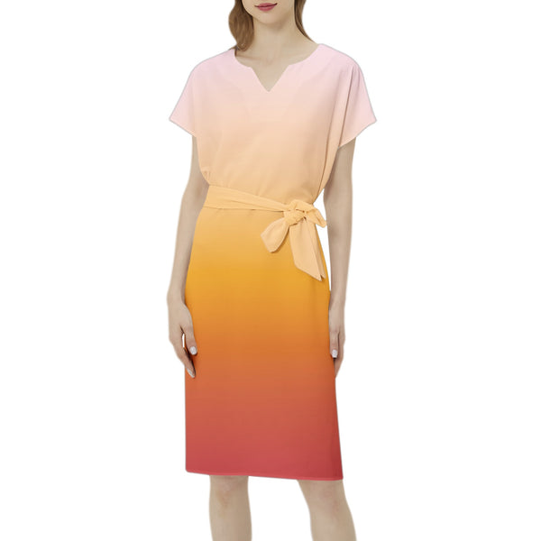 Sunrise Batwing Sleeve Notch Neck Casual Dress with Belt - Objet D'Art