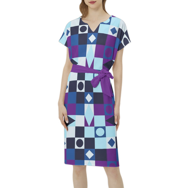 Batwing Sleeve Notch Neck Casual Dress with Belt - Objet D'Art