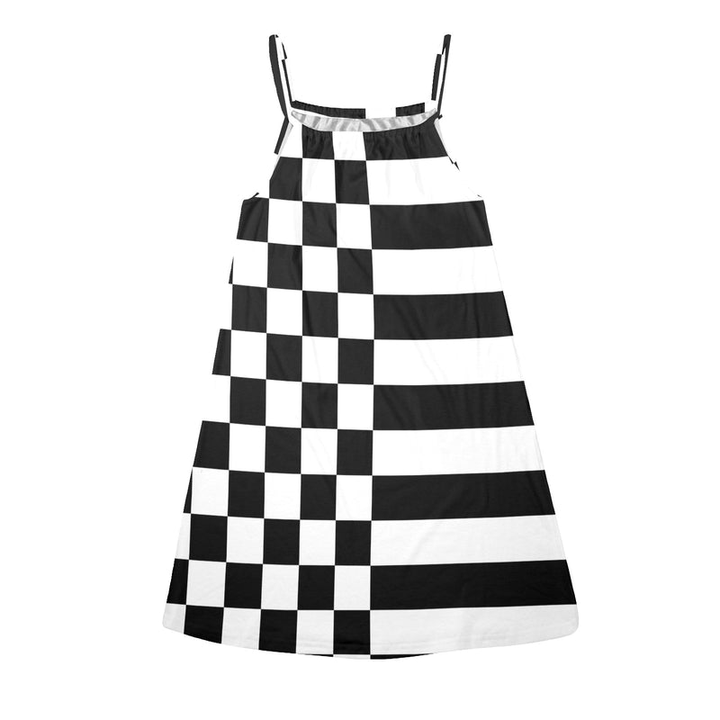 check stripe print 2 Drawstring Neck Sleeveless Dress (Model D68) - Objet D'Art