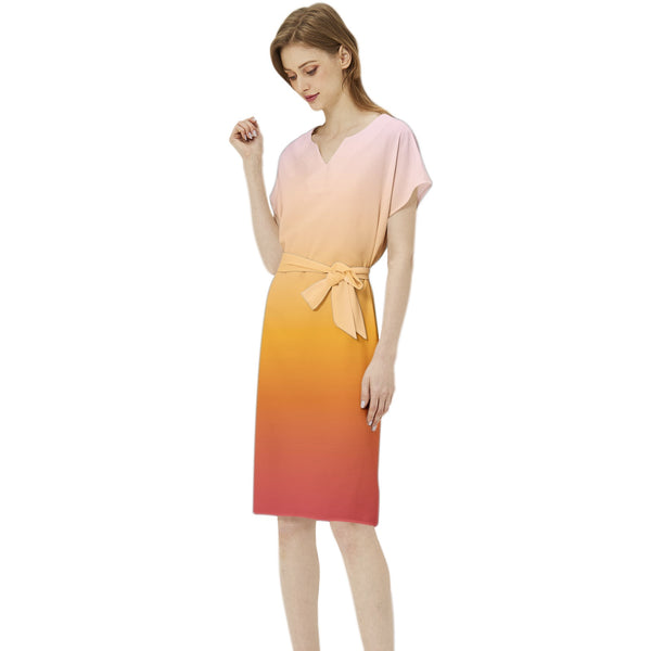 Sunrise Batwing Sleeve Notch Neck Casual Dress with Belt - Objet D'Art