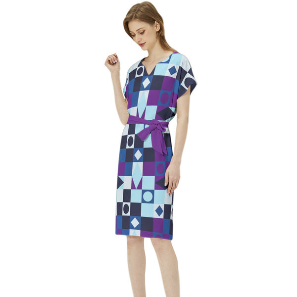Batwing Sleeve Notch Neck Casual Dress with Belt - Objet D'Art