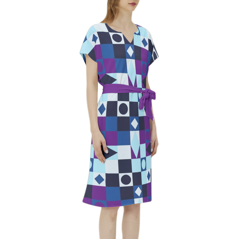 Batwing Sleeve Notch Neck Casual Dress with Belt - Objet D'Art