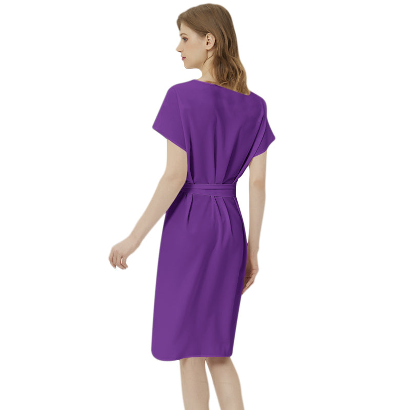 Batwing Sleeve Notch Neck Casual Dress with Belt - Objet D'Art