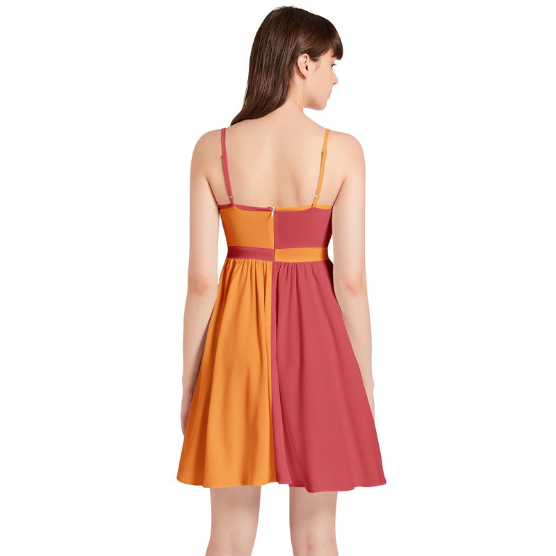 Particolored Firestorm Spaghetti Strap Sleeveless Falred Hem Short Dress - Objet D'Art