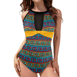 saffron print solid 2 Women's High Neck Plunge Mesh Ruched Swimsuit (S43) - Objet D'Art