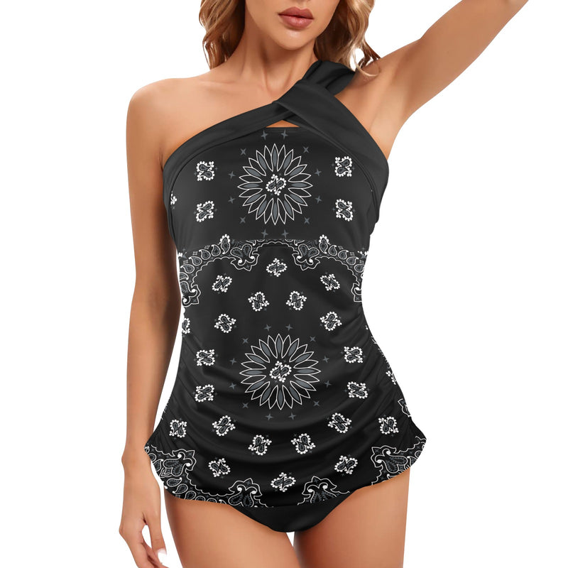 black 2 9k Women's One Shoulder Backless Swimsuit (Model S44) - Objet D'Art