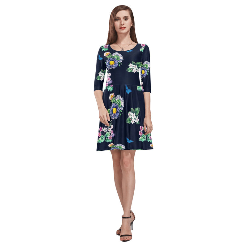 floral blue print 5 Tethys Half-Sleeve Skater Dress(Model D20) - Objet D'Art