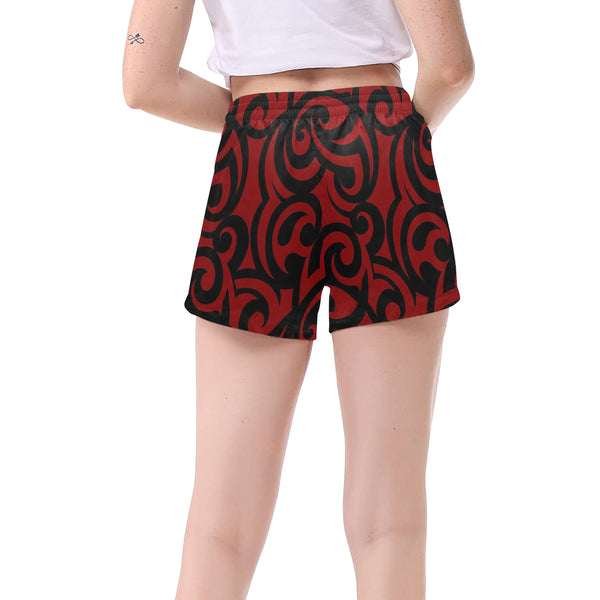 red and black scroll print Women's Mid-Length Board Shorts (Model L55) - Objet D'Art