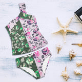 pink green rose print 4 Women's One Shoulder Backless Swimsuit (Model S44) - Objet D'Art