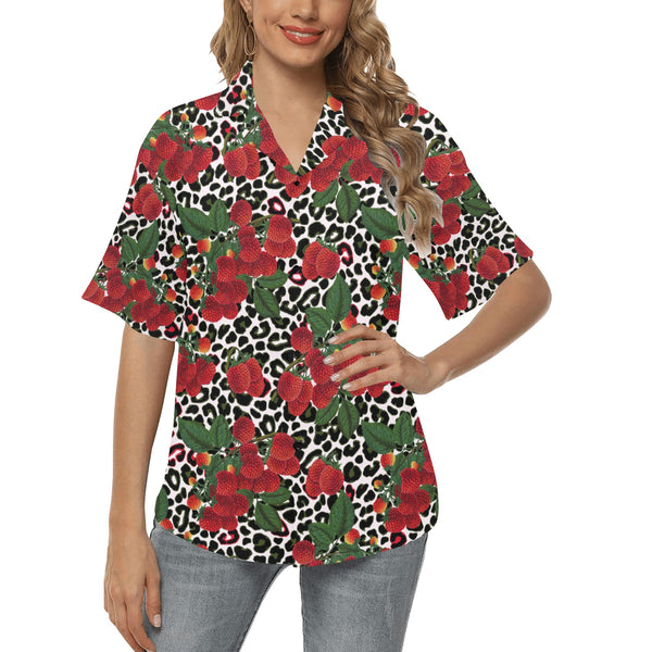 rasp leopard print 3 All Over Print Hawaiian Shirt for Women (Model T58) - Objet D'Art