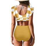 bronze print 2 Women's Ruffle Sleeve Bikini Swimsuit (Model S42) - Objet D'Art