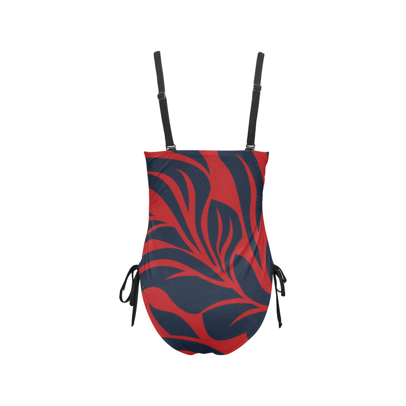 red blue leaf print 2 Drawstring Side One-Piece Swimsuit (Model S14) - Objet D'Art