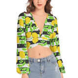 Lemon Lattice Women's Deep V-Neck Lantern Sleeve Crop Top - Objet D'Art