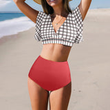 grid red gray print 2 Women's Ruffle Sleeve Bikini Swimsuit (Model S42) - Objet D'Art