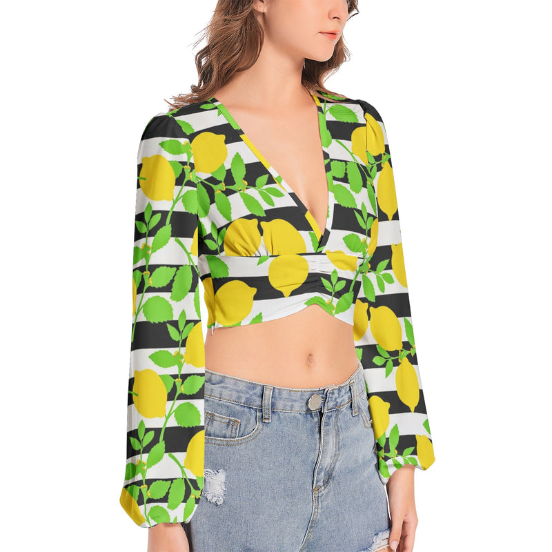 Lemon Lattice Women's Deep V-Neck Lantern Sleeve Crop Top - Objet D'Art