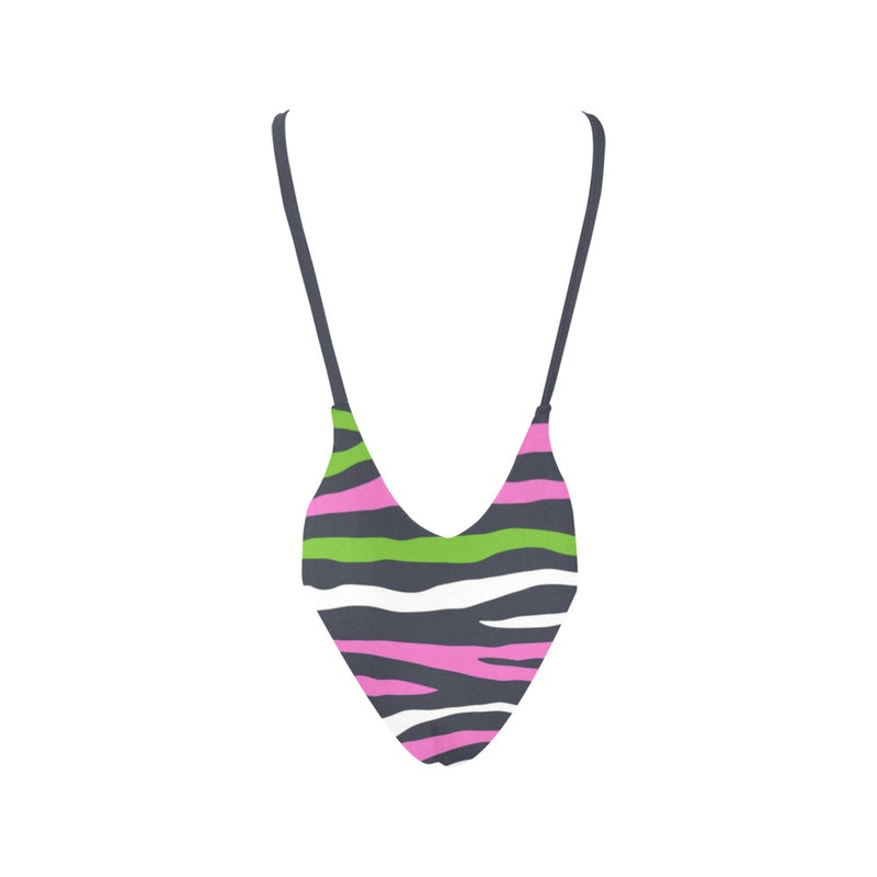 pink and green camo print Sexy Low Back One-Piece Swimsuit (Model S09) - Objet D'Art
