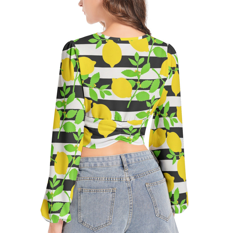 Lemon Lattice Women's Deep V-Neck Lantern Sleeve Crop Top - Objet D'Art