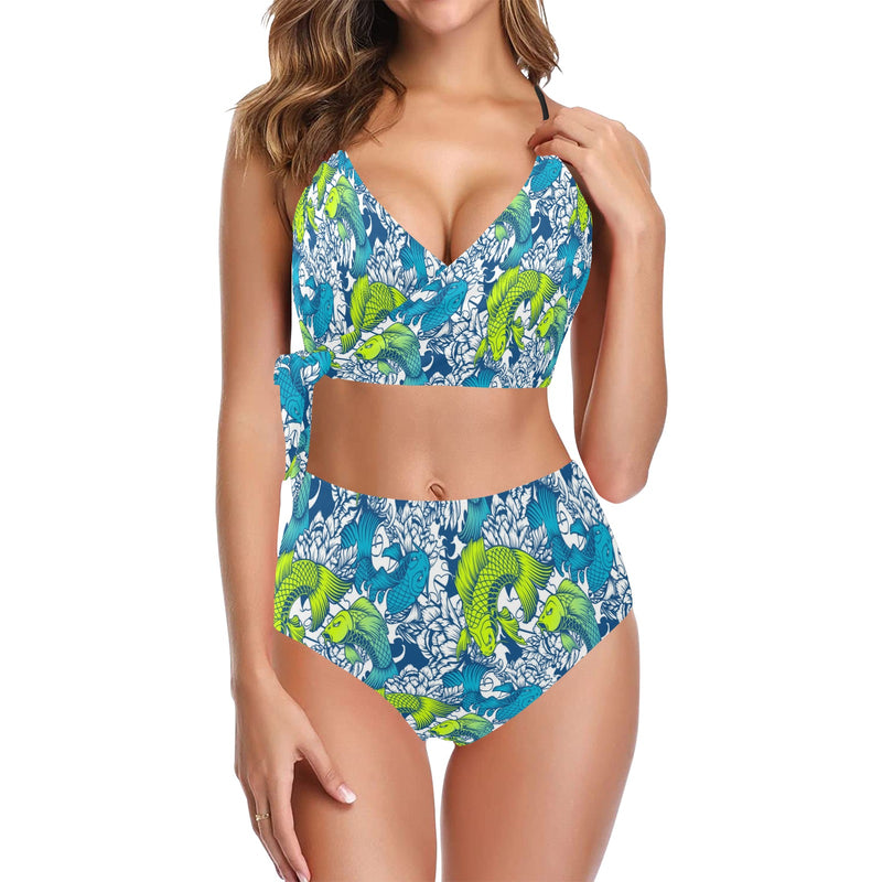 pisces neon green blue ombre print Knot Side Bikini Swimsuit (Model S37) - Objet D'Art