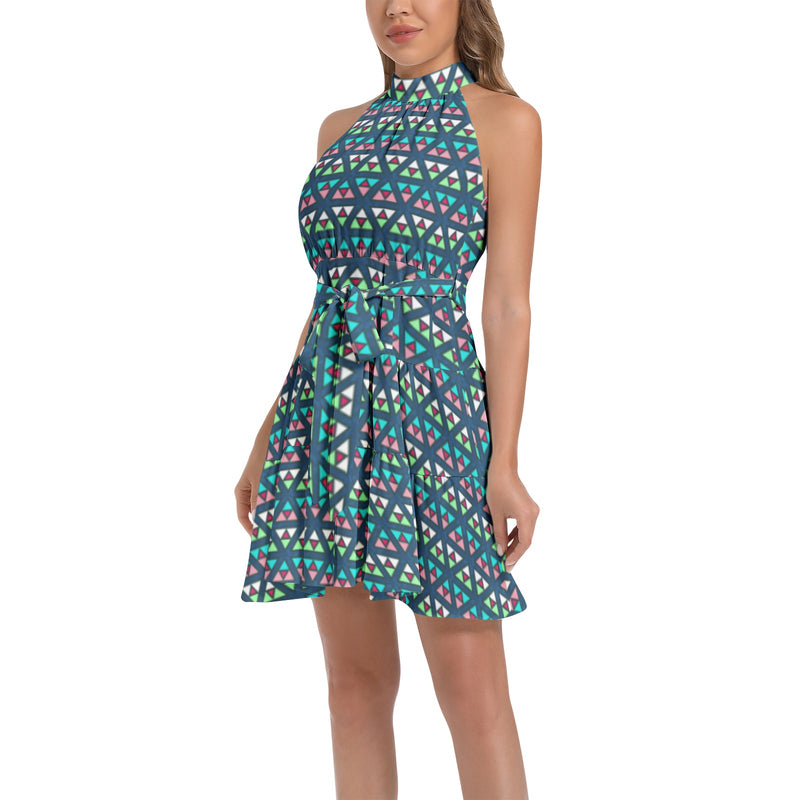Triangle Ruffle Hem Belted Halter Dress - Objet D'Art