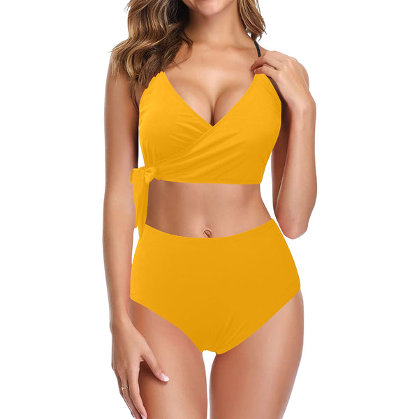 saffron print solid 2 Knot Side Bikini Swimsuit (Model S37)