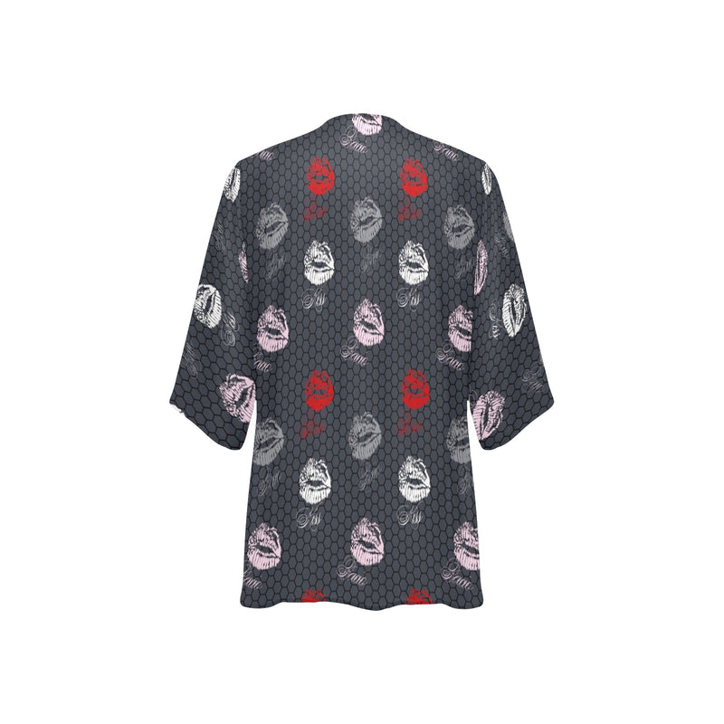 lips hex gray print Women's Kimono Chiffon Cover Up (Model H51) - Objet D'Art