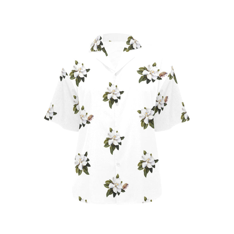 magnolia print on white All Over Print Hawaiian Shirt for Women (Model T58) - Objet D'Art