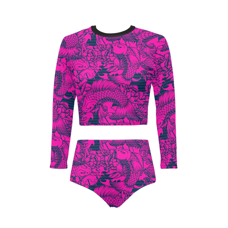 fuchsia pisces print 2 Long Sleeve Bikini Set (Model S27) - Objet D'Art