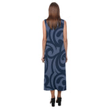 scroll blue print Phaedra Sleeveless Open Fork Long Dress (Model D08) - Objet D'Art