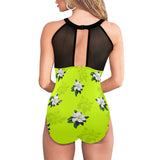 neon magnolia print Women's High Neck Plunge Mesh Ruched Swimsuit (S43) - Objet D'Art
