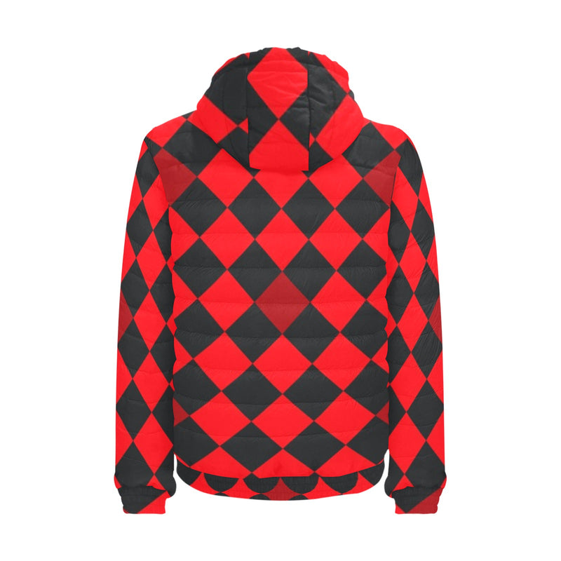 red black diamond print 2 Men's Padded Hooded Jacket (Model H42) - Objet D'Art