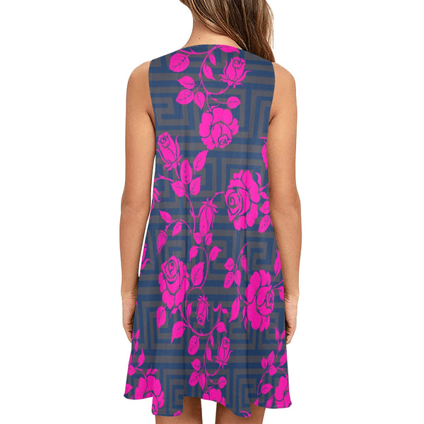 fuchsia rose greek blue gray print 2 Sleeveless A-Line Pocket Dress (Model D57) - Objet D'Art