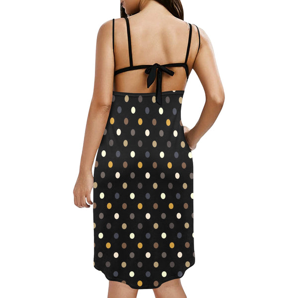 earthtone polka dot print 4A Spaghetti Strap Backless Beach Cover Up Dress (Model D65) - Objet D'Art