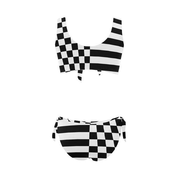 check stripe print 2 Bow Tie Front Bikini Swimsuit (Model S38) - Objet D'Art