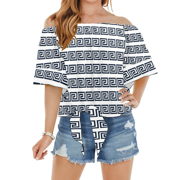 blue white greek key solid print Off Shoulder Knot Front Blouse (Model T71) - Objet D'Art