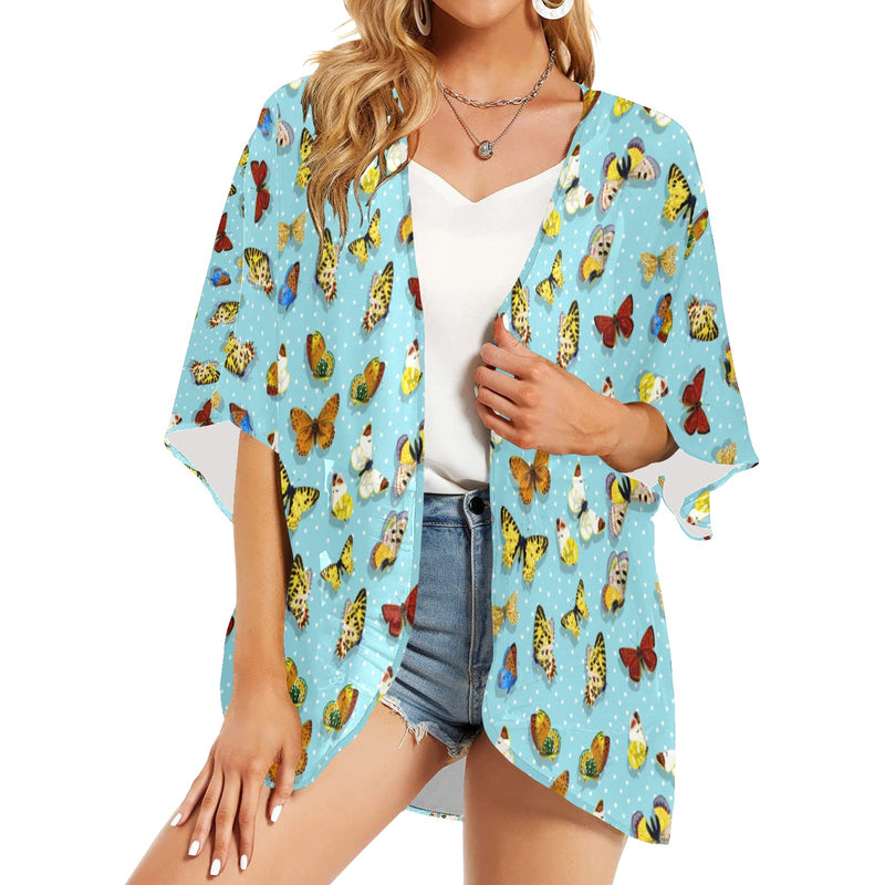 butterfly polkadots print Women's Kimono Chiffon Cover Up (Model H51)