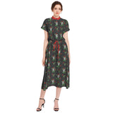 Skull and Roses Drawstring Waist A-line Flared Midi Dress - Objet D'Art