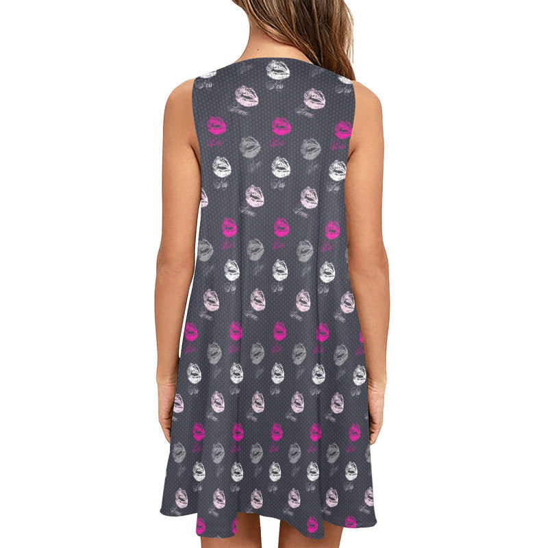 FUCHSIA LIPS POLYGLOT grey hex two tone print 2 Sleeveless A-Line Pocket Dress (Model D57) - Objet D'Art