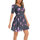 Royal Roses Short Sleeve Ruched Bust Flared Hem Dress - Objet D'Art