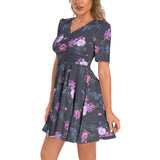 Royal Roses Short Sleeve Ruched Bust Flared Hem Dress - Objet D'Art