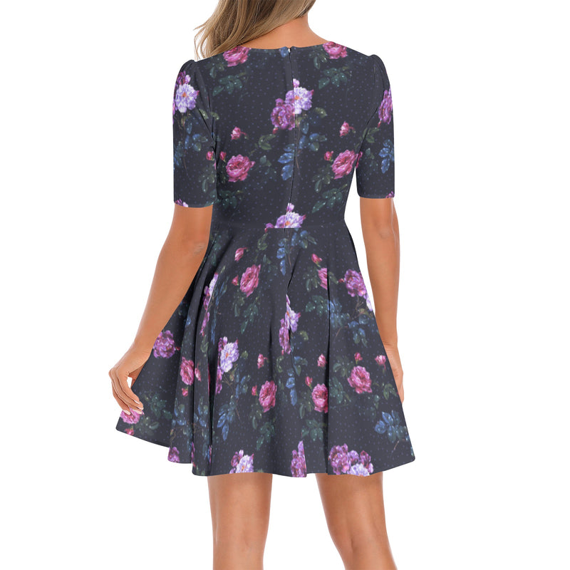 Royal Roses Short Sleeve Ruched Bust Flared Hem Dress - Objet D'Art