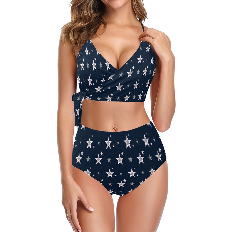 stars blue print 2 Knot Side Bikini Swimsuit (Model S37) - Objet D'Art