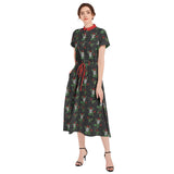 Skull and Roses Drawstring Waist A-line Flared Midi Dress - Objet D'Art